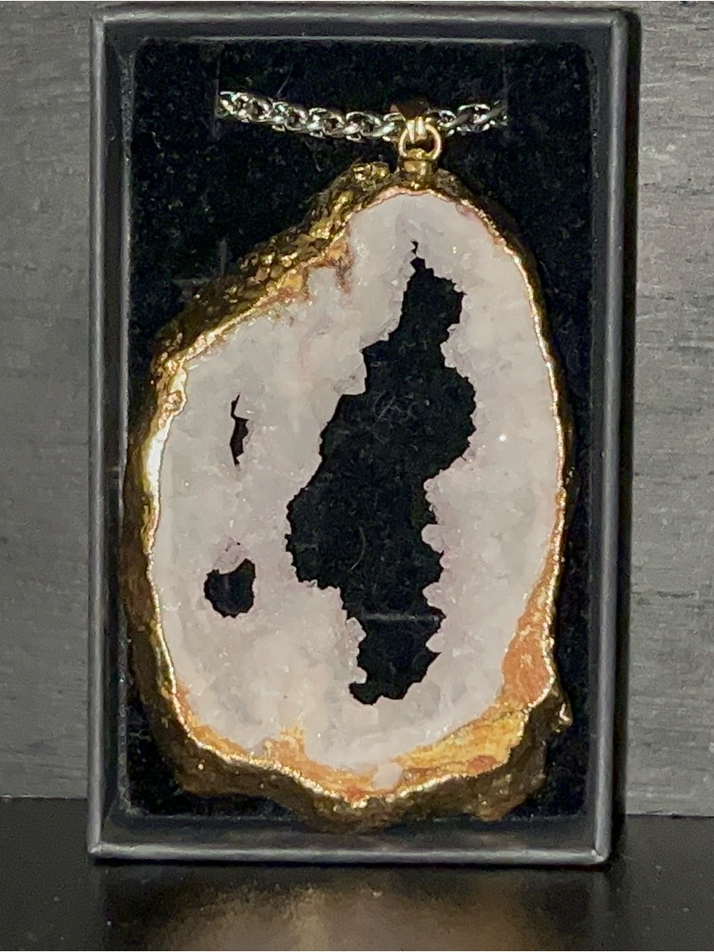 Gold-Trim White Crystal Geode Pendant Necklace